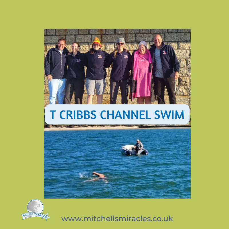 Fundraisers 2023 for Mitchells Miracles Charity, supporters T Cribbs and Sons do a channel swim