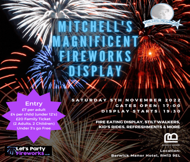 Mitchell's 2nd Annual Magnificent Firework Display Saturday 5th November 2022, Gates open at 5:00pm and display starts at 7:30pm